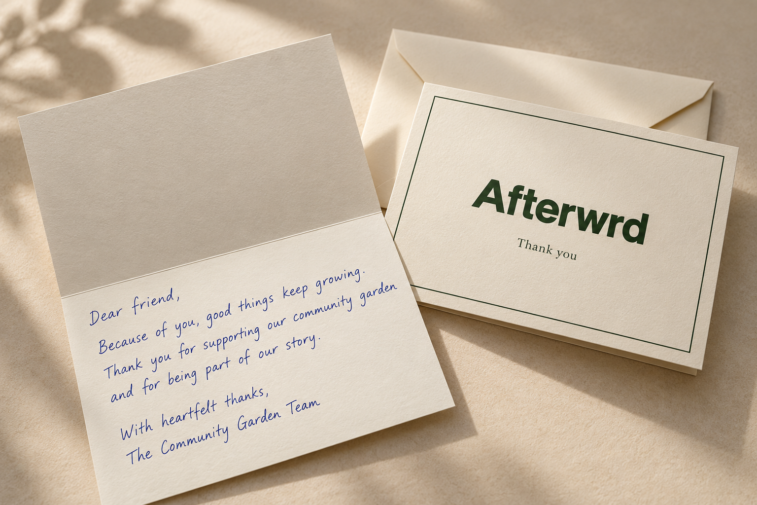 Illustration: a handwritten thank-you note inside a cream card from a fictional community garden, with a matching envelope